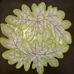 Vtg. Majolica Leaf Plate  Williamsburg Global Views 11" Cream, Lt Green, Purple